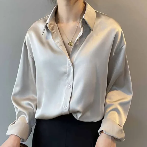 Elegant Satin Loose Women Shirt Spring Turn-down Collar Ladies Blouse Autumn Vintage Casual Button Silk Tops - Image 30