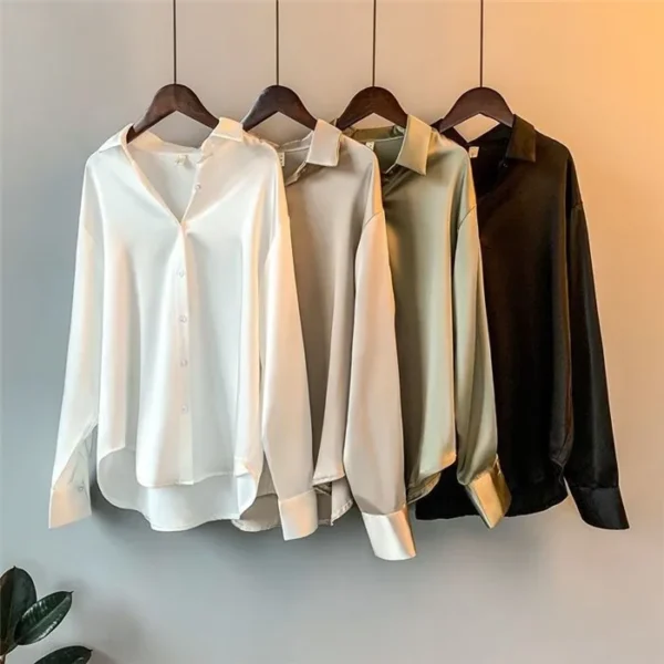 Elegant Satin Loose Women Shirt Spring Turn-down Collar Ladies Blouse Autumn Vintage Casual Button Silk Tops - Image 23