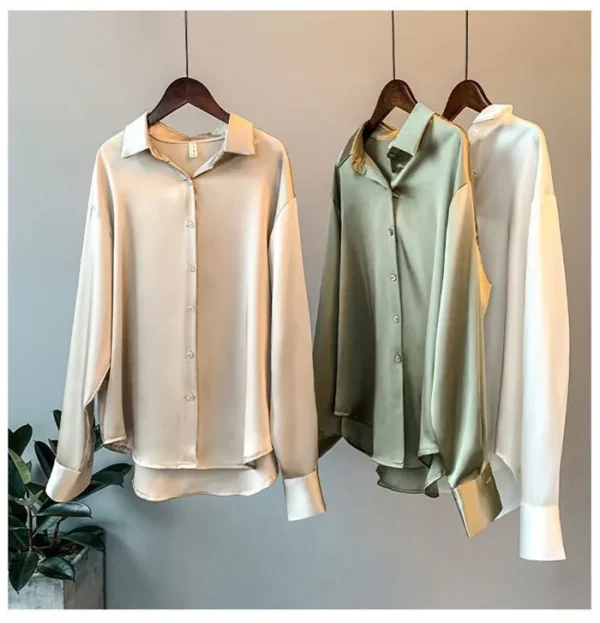 Elegant Satin Loose Women Shirt Spring Turn-down Collar Ladies Blouse Autumn Vintage Casual Button Silk Tops - Image 25