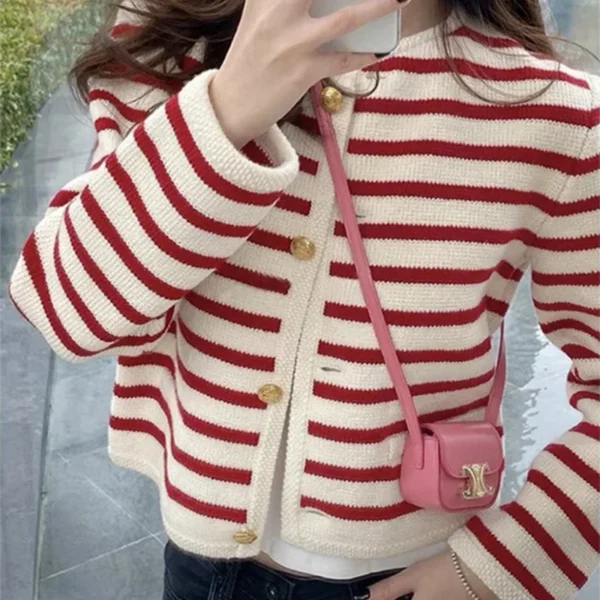 Autumn and winter Korean contrasting striped knitted cardigan women's winter single -row metal buckle pocket sweater cardigans - Image 7