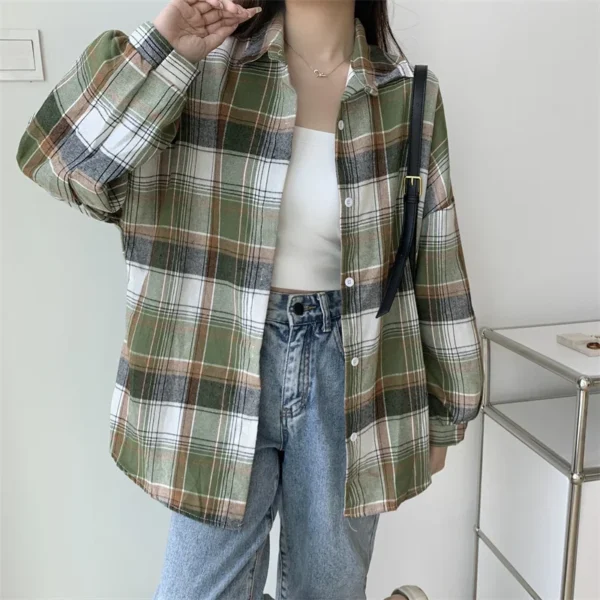 Plaid Shirt Women Autumn Long Sleeve Top Female Vintage Fashion Single Breasted Blouse Ladies Preppy Style Loose Check Shirts - Image 54