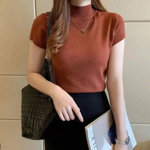 Women's Half-High Neck T-Shirt Fashion Jumper Casual Tops Korean Style Elegant Solid-Coloured Clothing Spring And Summer Season - Image 8