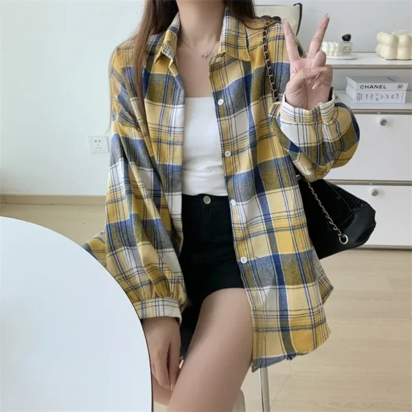 Plaid Shirt Women Autumn Long Sleeve Top Female Vintage Fashion Single Breasted Blouse Ladies Preppy Style Loose Check Shirts - Image 49