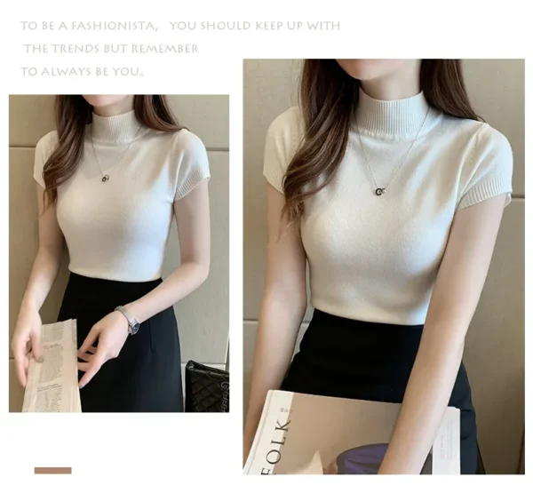 Women's Half-High Neck T-Shirt Fashion Jumper Casual Tops Korean Style Elegant Solid-Coloured Clothing Spring And Summer Season - Image 19