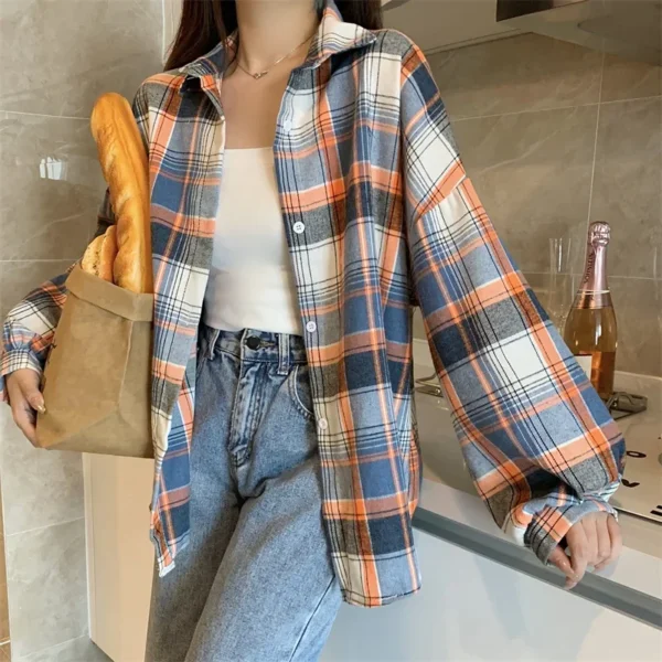 Plaid Shirt Women Autumn Long Sleeve Top Female Vintage Fashion Single Breasted Blouse Ladies Preppy Style Loose Check Shirts - Image 59