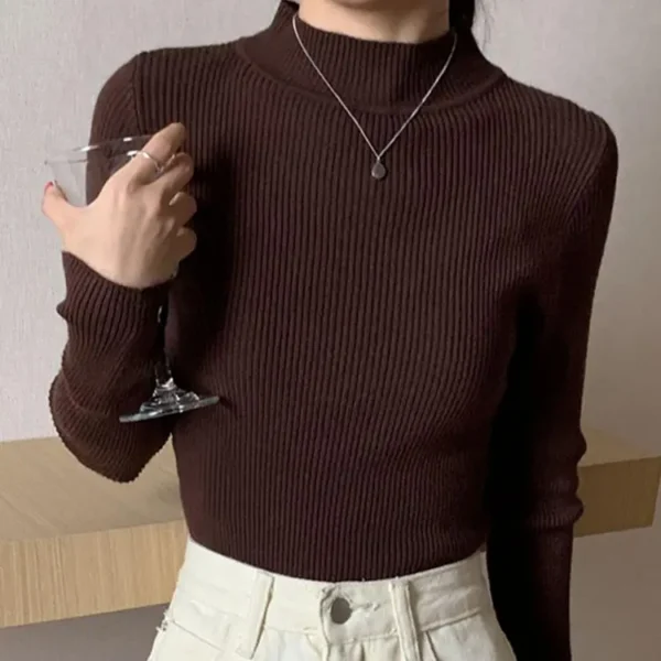 Autumn Winter Mock Neck Women Sweater Vintage Basic Solid Knitted Tops Casual Slim Pullover Korean Sweaters Simple Chic Jumpers - Image 11