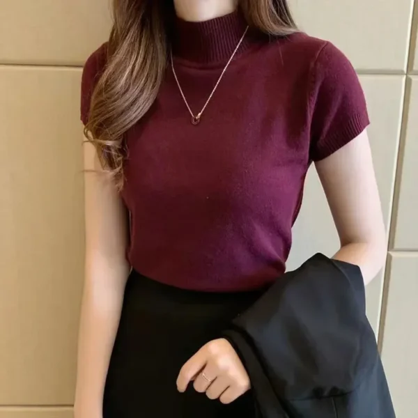 Women's Half-High Neck T-Shirt Fashion Jumper Casual Tops Korean Style Elegant Solid-Coloured Clothing Spring And Summer Season - Image 5