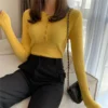Knitted Women Sweater Button O-neck Pullovers Spring Autumn Basic Sweaters for Female Pullover Slim Solid Bold Stripes Tops - Image 8