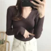 Korean Autumn V Neck Sweater Knitted Fashion Sweaters 2025 Slim Winter Tops For Women Pullover Jumper Pull Femme Truien Dames - Image 29