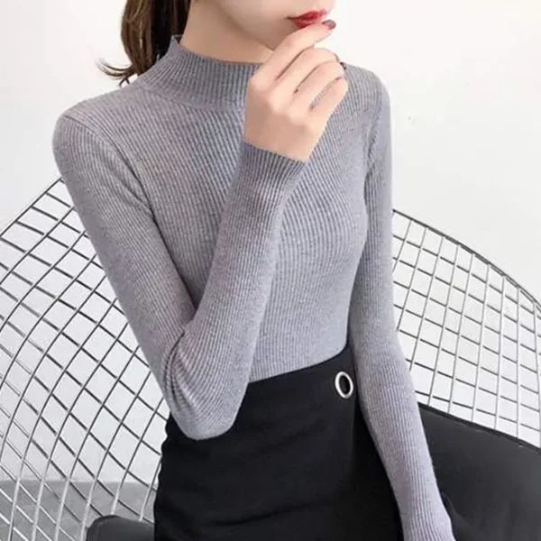 Autumn Winter Mock Neck Women Sweater Vintage Basic Solid Knitted Tops Casual Slim Pullover Korean Sweaters Simple Chic Jumpers - Image 17
