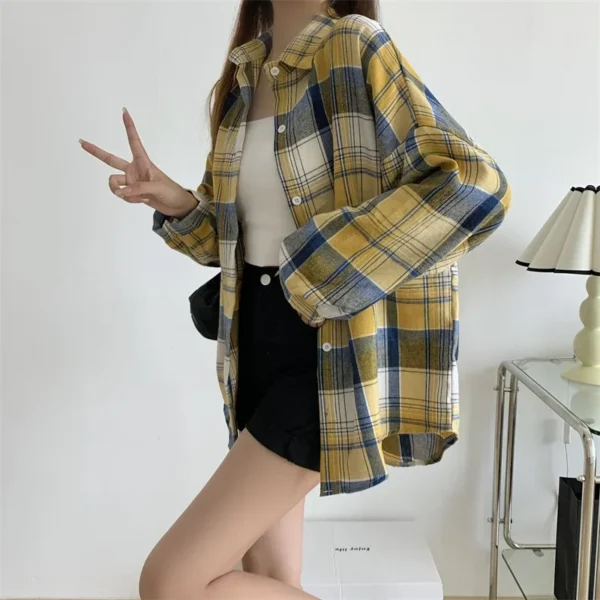 Plaid Shirt Women Autumn Long Sleeve Top Female Vintage Fashion Single Breasted Blouse Ladies Preppy Style Loose Check Shirts - Image 51