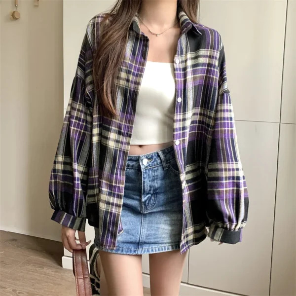 Plaid Shirt Women Autumn Long Sleeve Top Female Vintage Fashion Single Breasted Blouse Ladies Preppy Style Loose Check Shirts - Image 15
