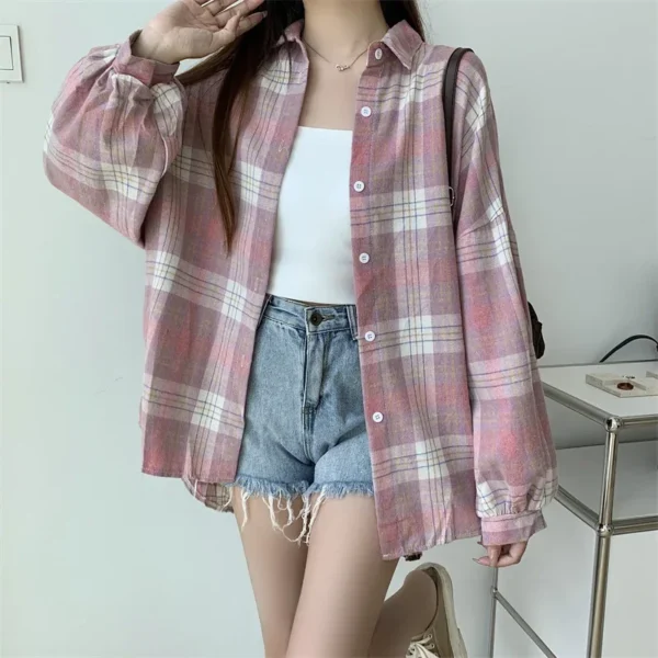 Plaid Shirt Women Autumn Long Sleeve Top Female Vintage Fashion Single Breasted Blouse Ladies Preppy Style Loose Check Shirts - Image 34