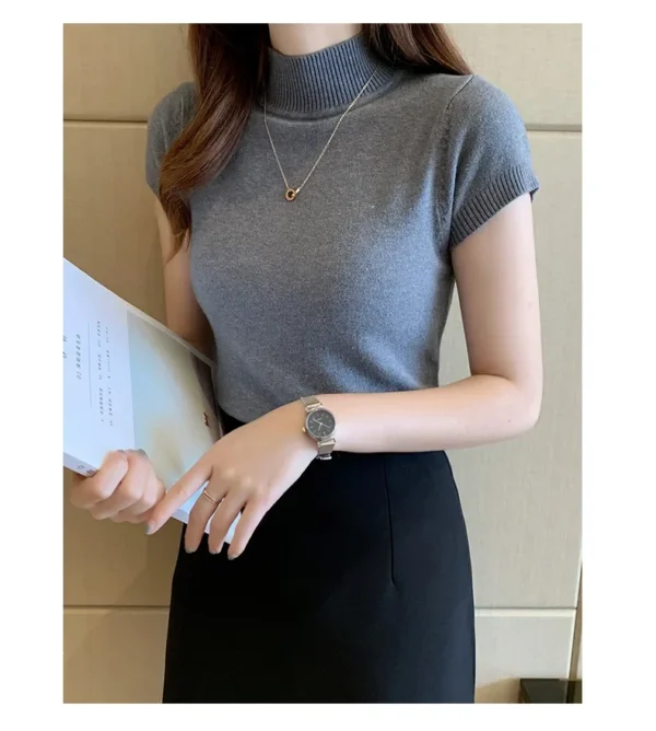 Women's Half-High Neck T-Shirt Fashion Jumper Casual Tops Korean Style Elegant Solid-Coloured Clothing Spring And Summer Season - Image 21