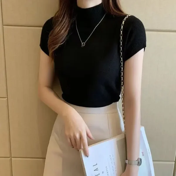 Women's Half-High Neck T-Shirt Fashion Jumper Casual Tops Korean Style Elegant Solid-Coloured Clothing Spring And Summer Season - Image 15