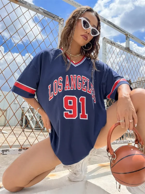 Los Angeles Number 91 TShirt For Men Women Summer Oversized V-neck Tee Harajuku Trend Short Sleeve Female Streetwear Tops Unisex - Image 4