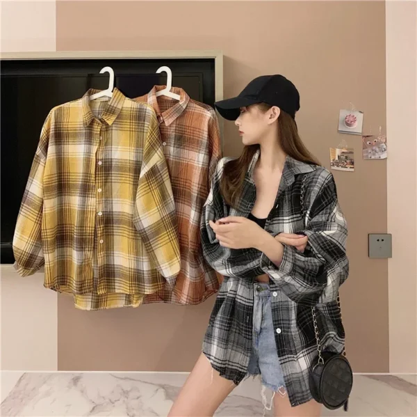 Plaid Shirt Women Autumn Long Sleeve Top Female Vintage Fashion Single Breasted Blouse Ladies Preppy Style Loose Check Shirts - Image 66