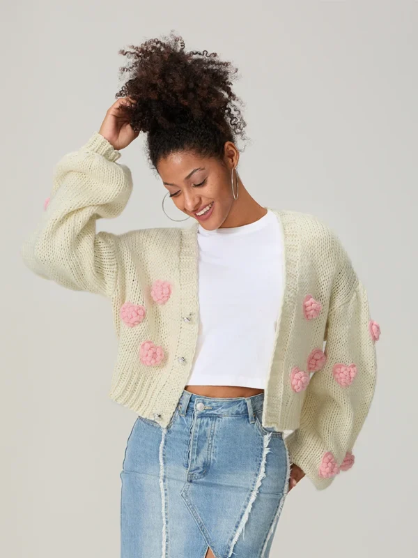 Cropped Heart/Flower Knit Cardigan - Image 3