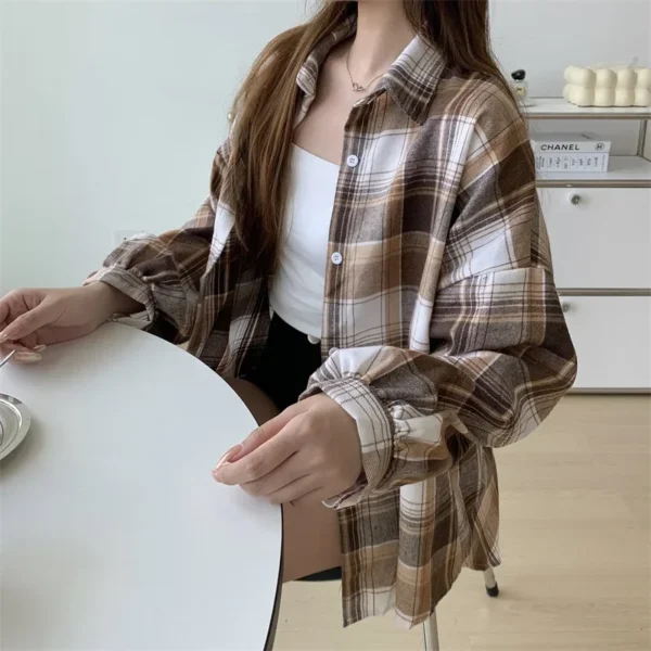 Plaid Shirt Women Autumn Long Sleeve Top Female Vintage Fashion Single Breasted Blouse Ladies Preppy Style Loose Check Shirts - Image 46