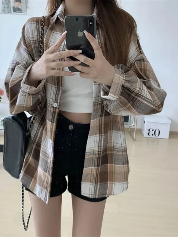 Plaid Shirt Women Autumn Long Sleeve Top Female Vintage Fashion Single Breasted Blouse Ladies Preppy Style Loose Check Shirts - Image 17