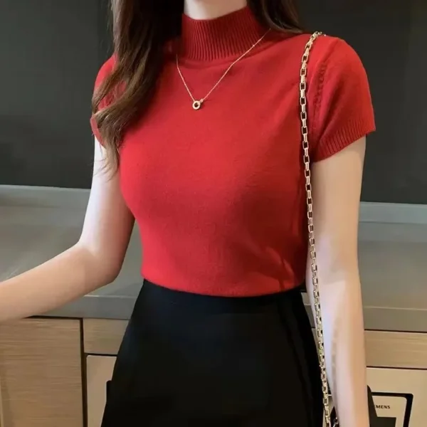 Women's Half-High Neck T-Shirt Fashion Jumper Casual Tops Korean Style Elegant Solid-Coloured Clothing Spring And Summer Season - Image 10