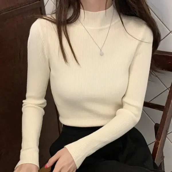 Autumn Winter Mock Neck Women Sweater Vintage Basic Solid Knitted Tops Casual Slim Pullover Korean Sweaters Simple Chic Jumpers - Image 9