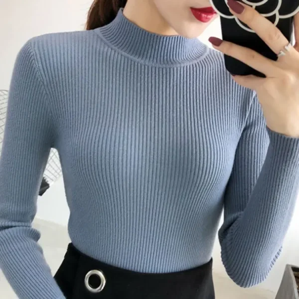 Autumn Winter Mock Neck Women Sweater Vintage Basic Solid Knitted Tops Casual Slim Pullover Korean Sweaters Simple Chic Jumpers - Image 8