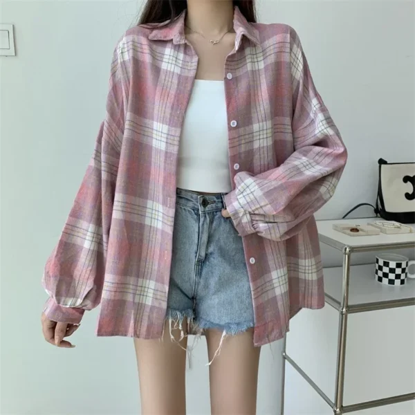 Plaid Shirt Women Autumn Long Sleeve Top Female Vintage Fashion Single Breasted Blouse Ladies Preppy Style Loose Check Shirts - Image 37