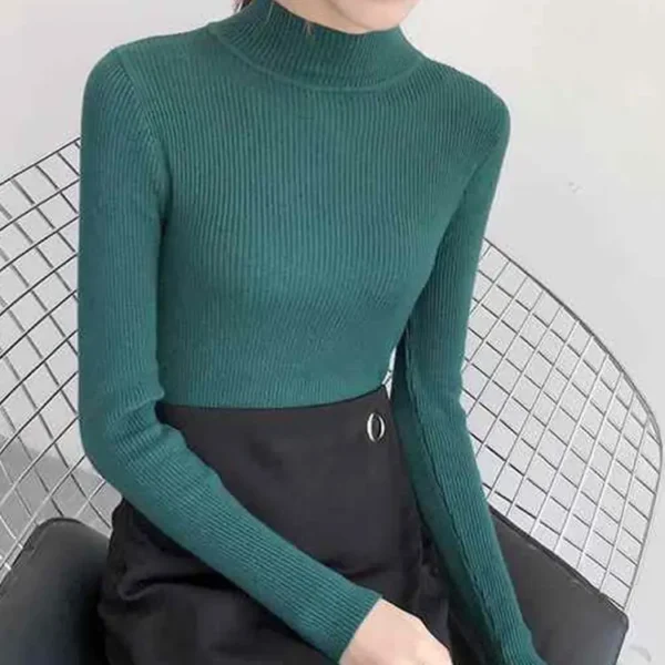 Autumn Winter Mock Neck Women Sweater Vintage Basic Solid Knitted Tops Casual Slim Pullover Korean Sweaters Simple Chic Jumpers - Image 13