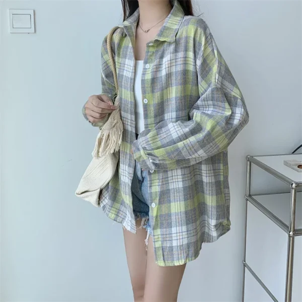 Plaid Shirt Women Autumn Long Sleeve Top Female Vintage Fashion Single Breasted Blouse Ladies Preppy Style Loose Check Shirts - Image 41