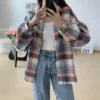 Plaid Shirt Women Autumn Long Sleeve Top Female Vintage Fashion Single Breasted Blouse Ladies Preppy Style Loose Check Shirts - Image 61