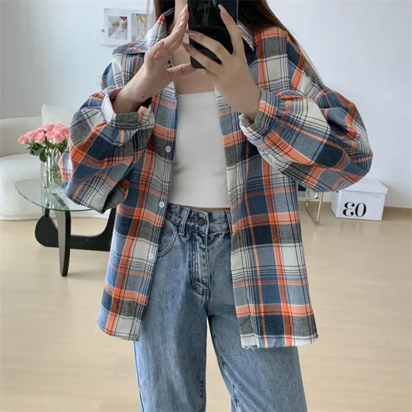 Plaid Shirt Women Autumn Long Sleeve Top Female Vintage Fashion Single Breasted Blouse Ladies Preppy Style Loose Check Shirts - Image 61