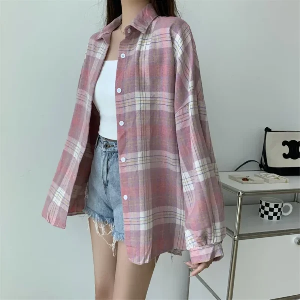 Plaid Shirt Women Autumn Long Sleeve Top Female Vintage Fashion Single Breasted Blouse Ladies Preppy Style Loose Check Shirts - Image 36