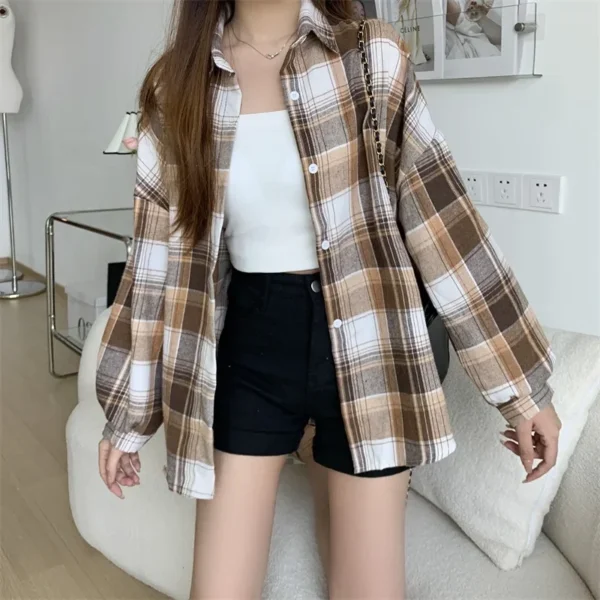 Plaid Shirt Women Autumn Long Sleeve Top Female Vintage Fashion Single Breasted Blouse Ladies Preppy Style Loose Check Shirts - Image 44