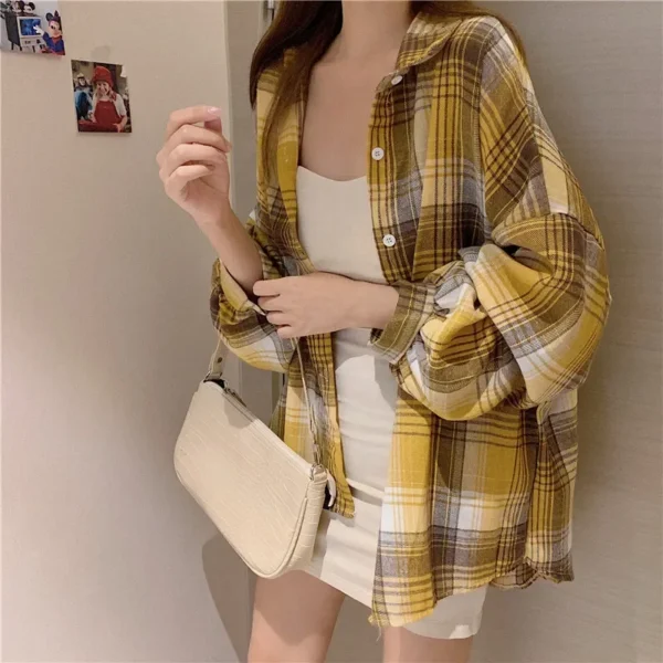 Plaid Shirt Women Autumn Long Sleeve Top Female Vintage Fashion Single Breasted Blouse Ladies Preppy Style Loose Check Shirts - Image 68