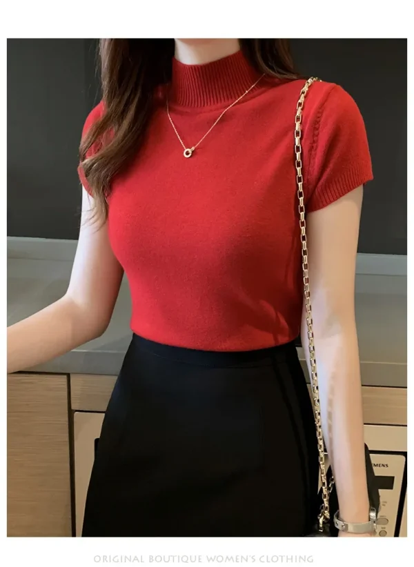 Women's Half-High Neck T-Shirt Fashion Jumper Casual Tops Korean Style Elegant Solid-Coloured Clothing Spring And Summer Season - Image 23