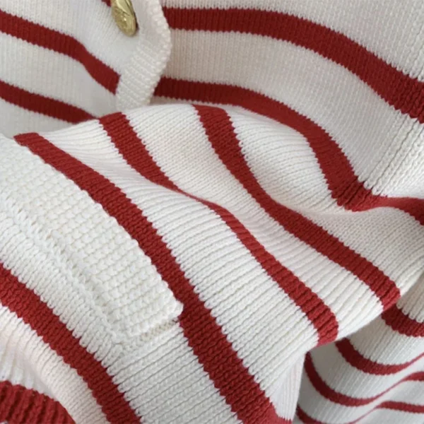Autumn and winter Korean contrasting striped knitted cardigan women's winter single -row metal buckle pocket sweater cardigans - Image 5
