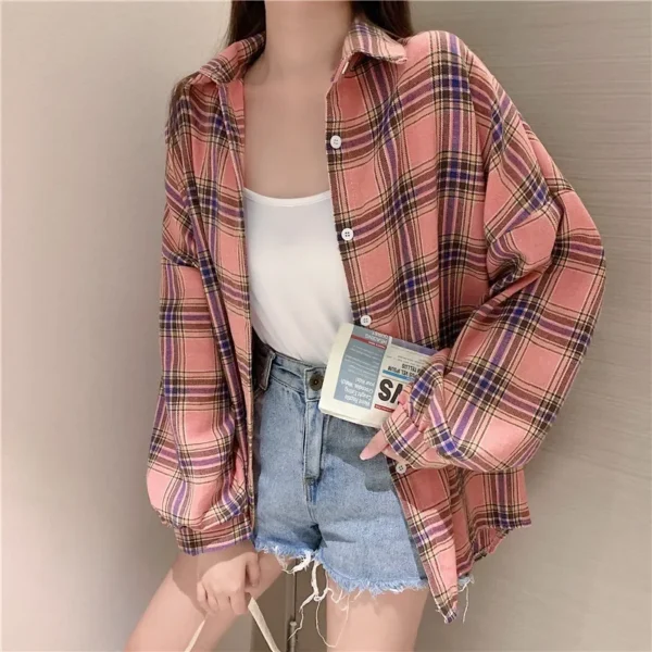 Plaid Shirt Women Autumn Long Sleeve Top Female Vintage Fashion Single Breasted Blouse Ladies Preppy Style Loose Check Shirts - Image 65
