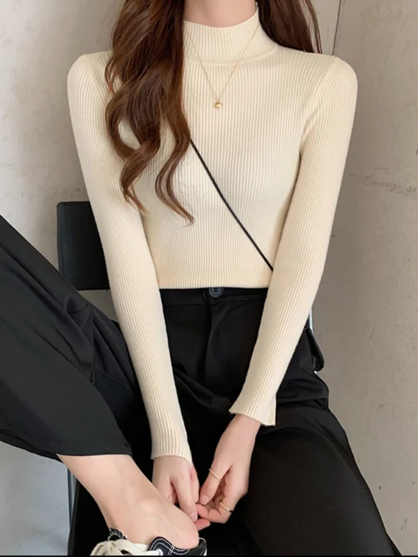 Autumn Winter Mock Neck Women Sweater Vintage Basic Solid Knitted Tops Casual Slim Pullover Korean Sweaters Simple Chic Jumpers - Image 6