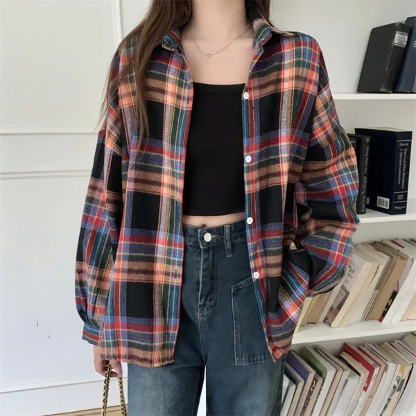 Plaid Shirt Women Autumn Long Sleeve Top Female Vintage Fashion Single Breasted Blouse Ladies Preppy Style Loose Check Shirts - Image 13