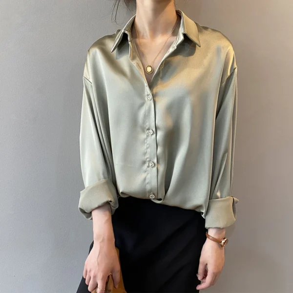 Elegant Satin Loose Women Shirt Spring Turn-down Collar Ladies Blouse Autumn Vintage Casual Button Silk Tops - Image 8