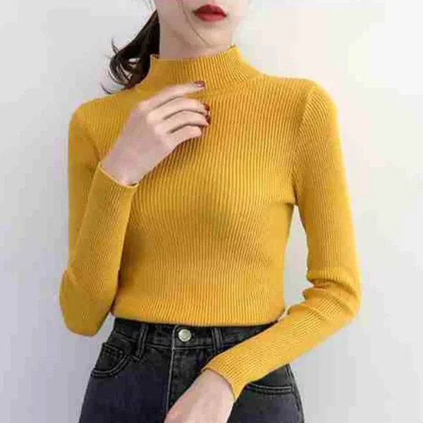 Autumn Winter Mock Neck Women Sweater Vintage Basic Solid Knitted Tops Casual Slim Pullover Korean Sweaters Simple Chic Jumpers - Image 12