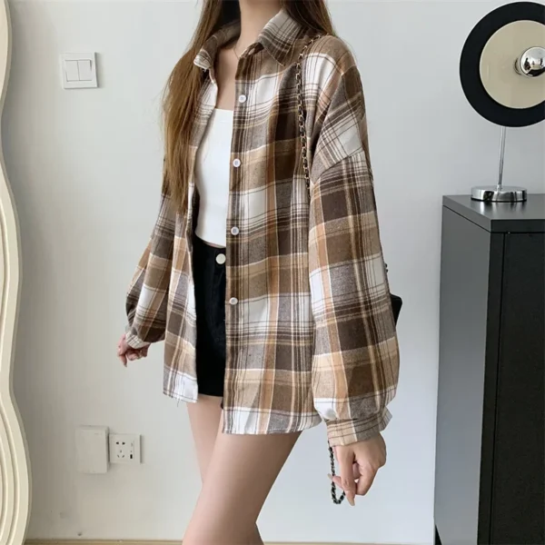 Plaid Shirt Women Autumn Long Sleeve Top Female Vintage Fashion Single Breasted Blouse Ladies Preppy Style Loose Check Shirts - Image 43