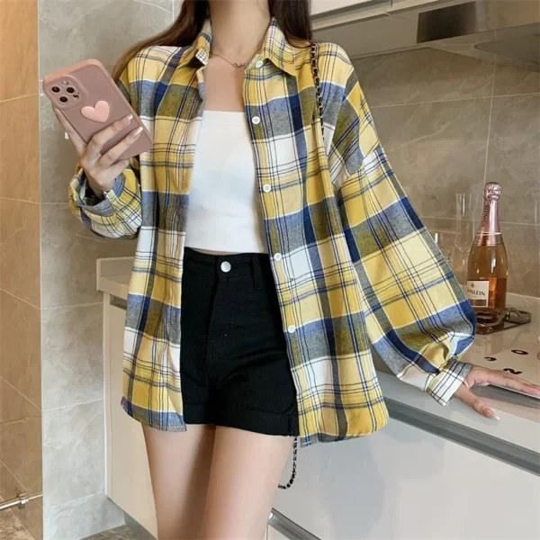 Plaid Shirt Women Autumn Long Sleeve Top Female Vintage Fashion Single Breasted Blouse Ladies Preppy Style Loose Check Shirts - Image 48