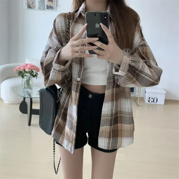 Plaid Shirt Women Autumn Long Sleeve Top Female Vintage Fashion Single Breasted Blouse Ladies Preppy Style Loose Check Shirts - Image 42