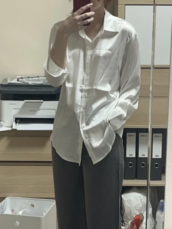 Elegant Satin Loose Women Shirt Spring Turn-down Collar Ladies Blouse Autumn Vintage Casual Button Silk Tops - Image 2