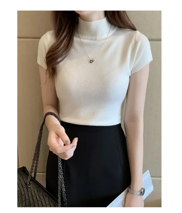 Women's Half-High Neck T-Shirt Fashion Jumper Casual Tops Korean Style Elegant Solid-Coloured Clothing Spring And Summer Season - Image 18