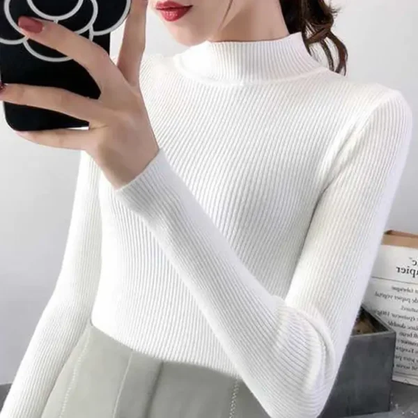Autumn Winter Mock Neck Women Sweater Vintage Basic Solid Knitted Tops Casual Slim Pullover Korean Sweaters Simple Chic Jumpers - Image 16