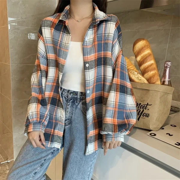 Plaid Shirt Women Autumn Long Sleeve Top Female Vintage Fashion Single Breasted Blouse Ladies Preppy Style Loose Check Shirts - Image 58