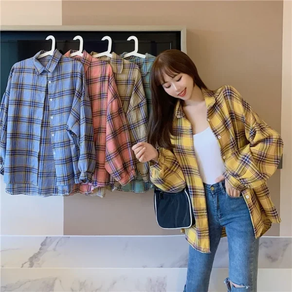 Plaid Shirt Women Autumn Long Sleeve Top Female Vintage Fashion Single Breasted Blouse Ladies Preppy Style Loose Check Shirts - Image 62